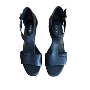 Vaneli Calyx Black Leather T-Strap Wood Wedge Sandals Womens 7.5N